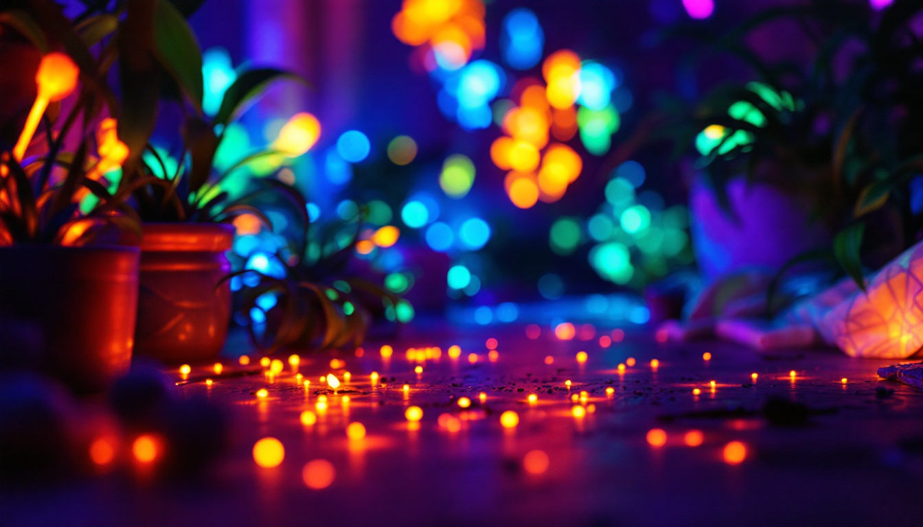 A photograph of capture a photograph of a vibrant scene illuminated by ultraviolet light