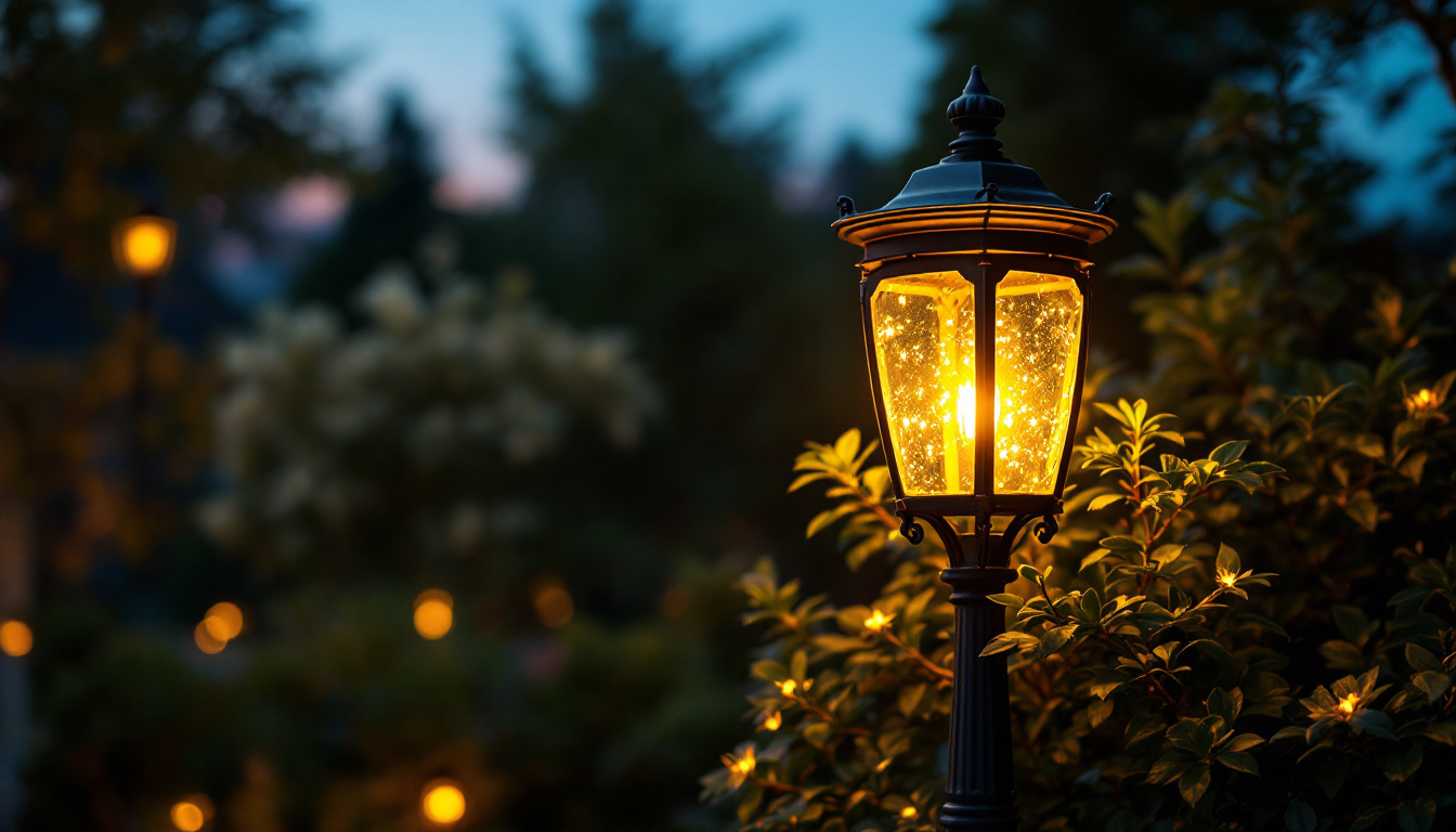 A photograph of a beautifully illuminated outdoor lamp post in a serene garden setting during twilight