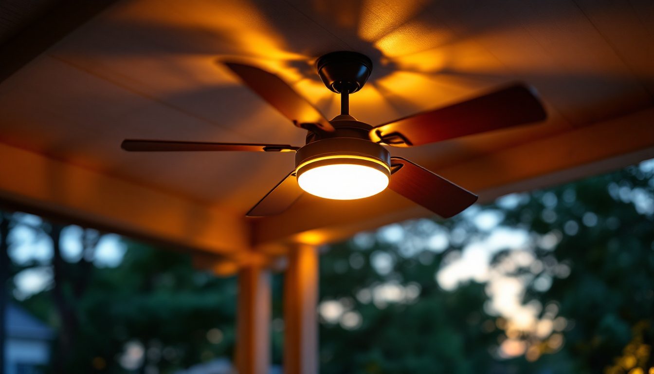 A photograph of a stylish outdoor ceiling fan with integrated lighting