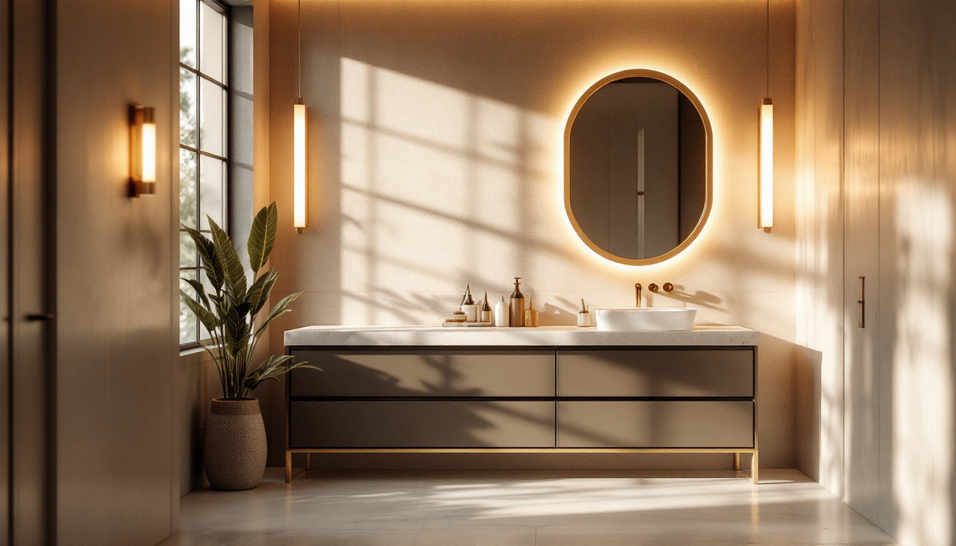 A photograph of a beautifully designed bathroom featuring elegant vanity lights