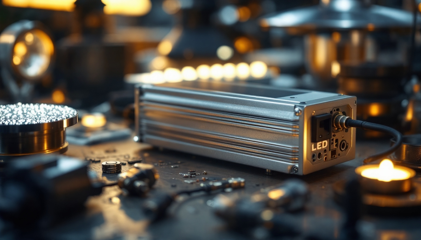 A photograph of a close-up shot of an led ballast alongside various types of lighting fixtures