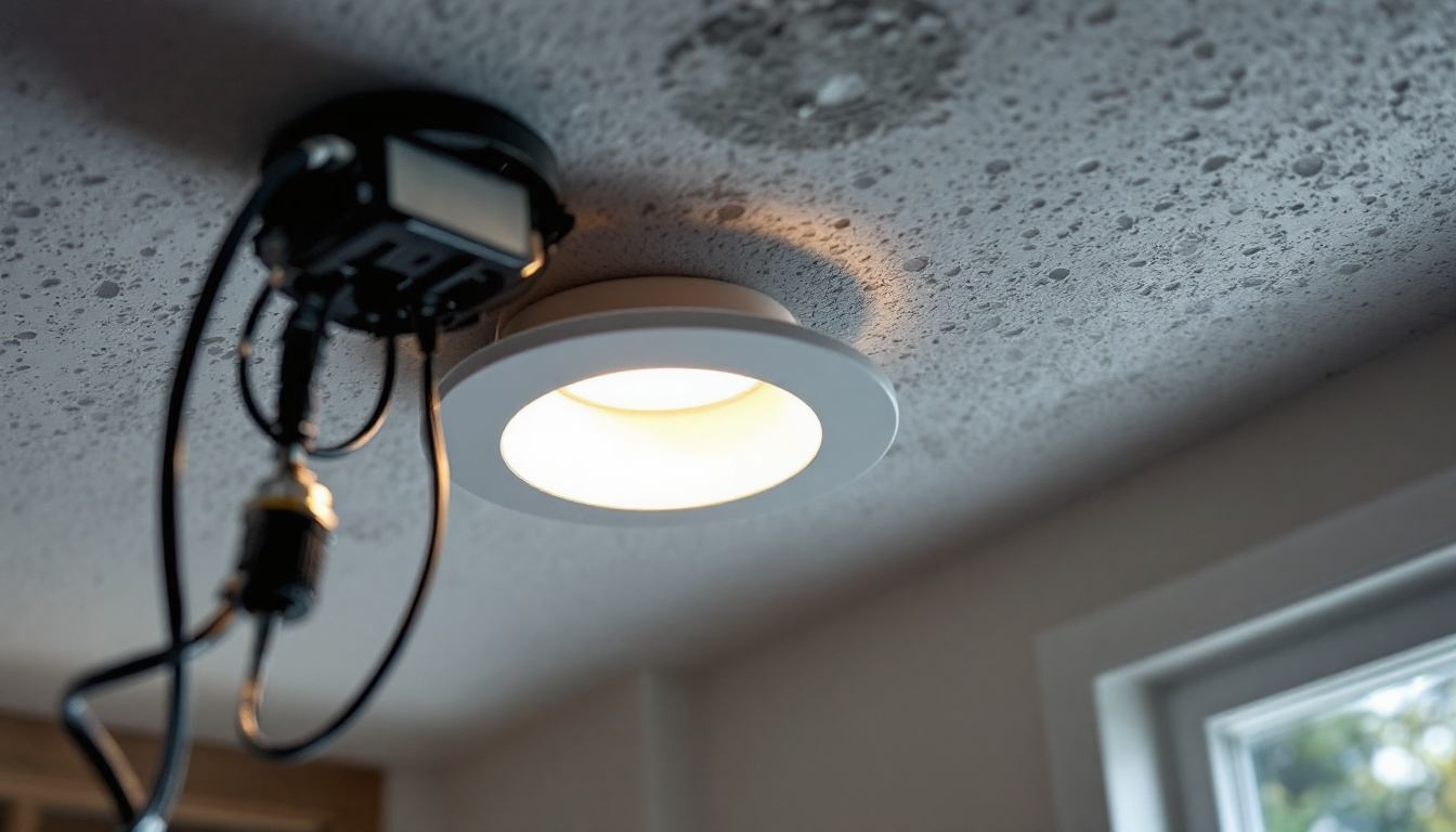A photograph of a close-up of a recessed can light conversion kit being installed in a ceiling