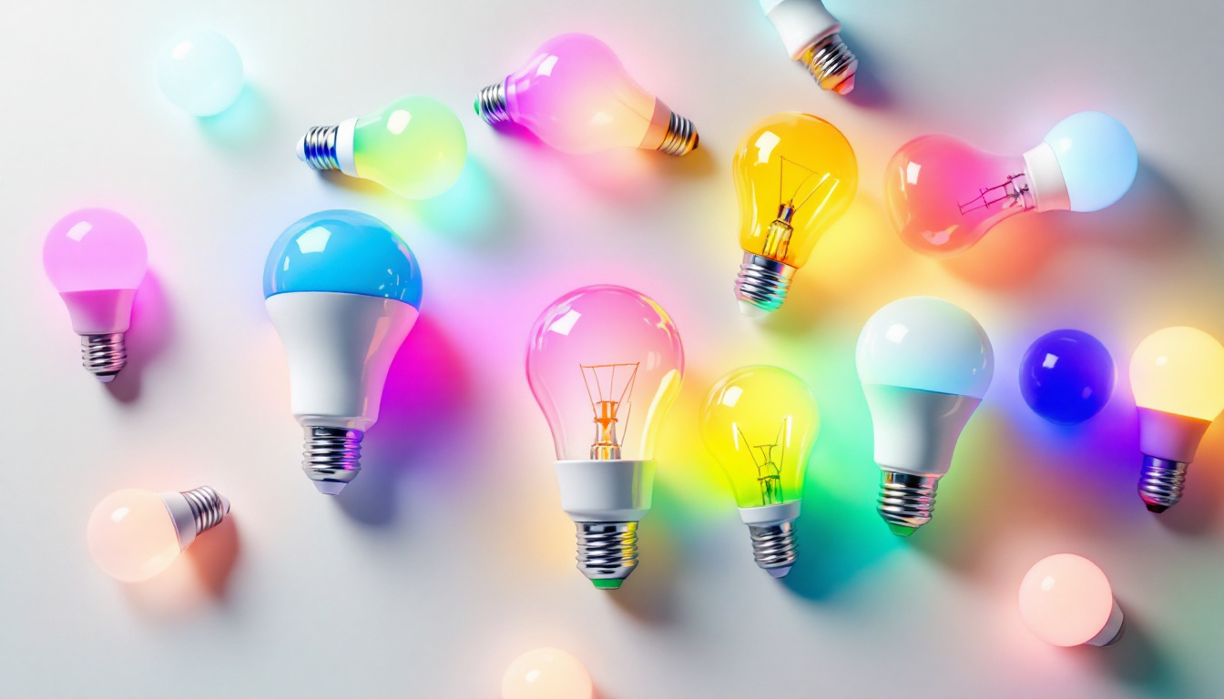 A photograph of a vibrant display of various led light bulbs in different shapes and colors