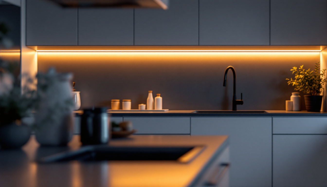 A photograph of capture a photograph of a stylish kitchen featuring under cabinet led strip lighting