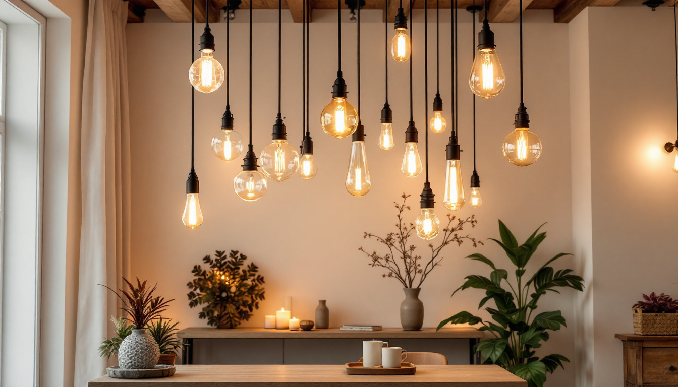 A photograph of a beautifully styled room featuring an array of hanging lights from the ceiling