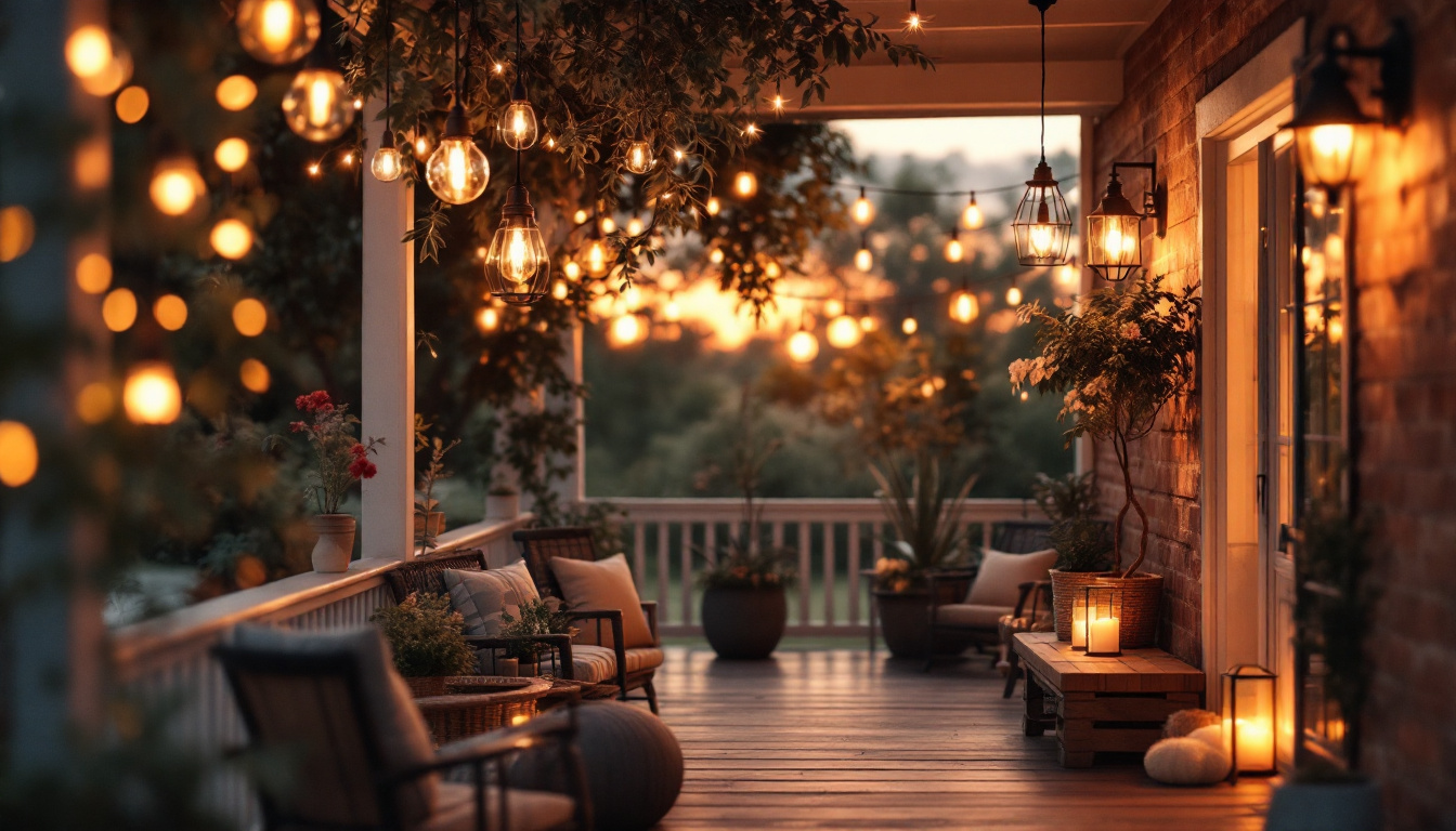 A photograph of a beautifully arranged outdoor porch scene at dusk
