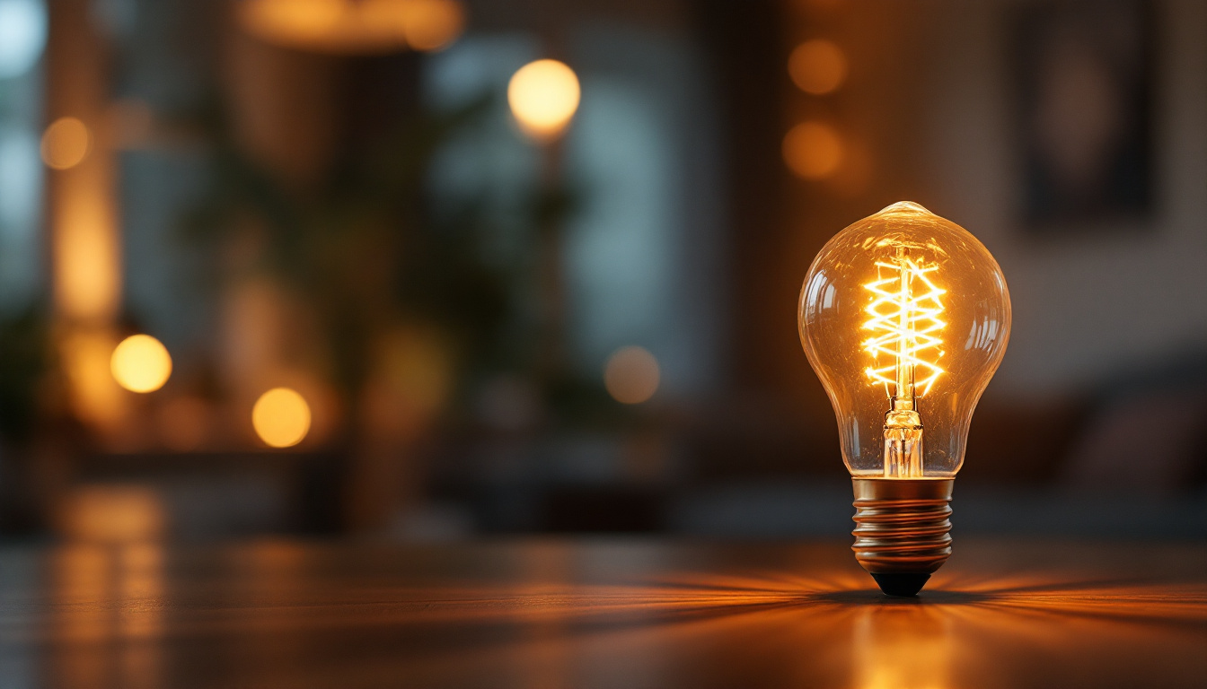 A photograph of a glowing a19 light bulb in a cozy home setting