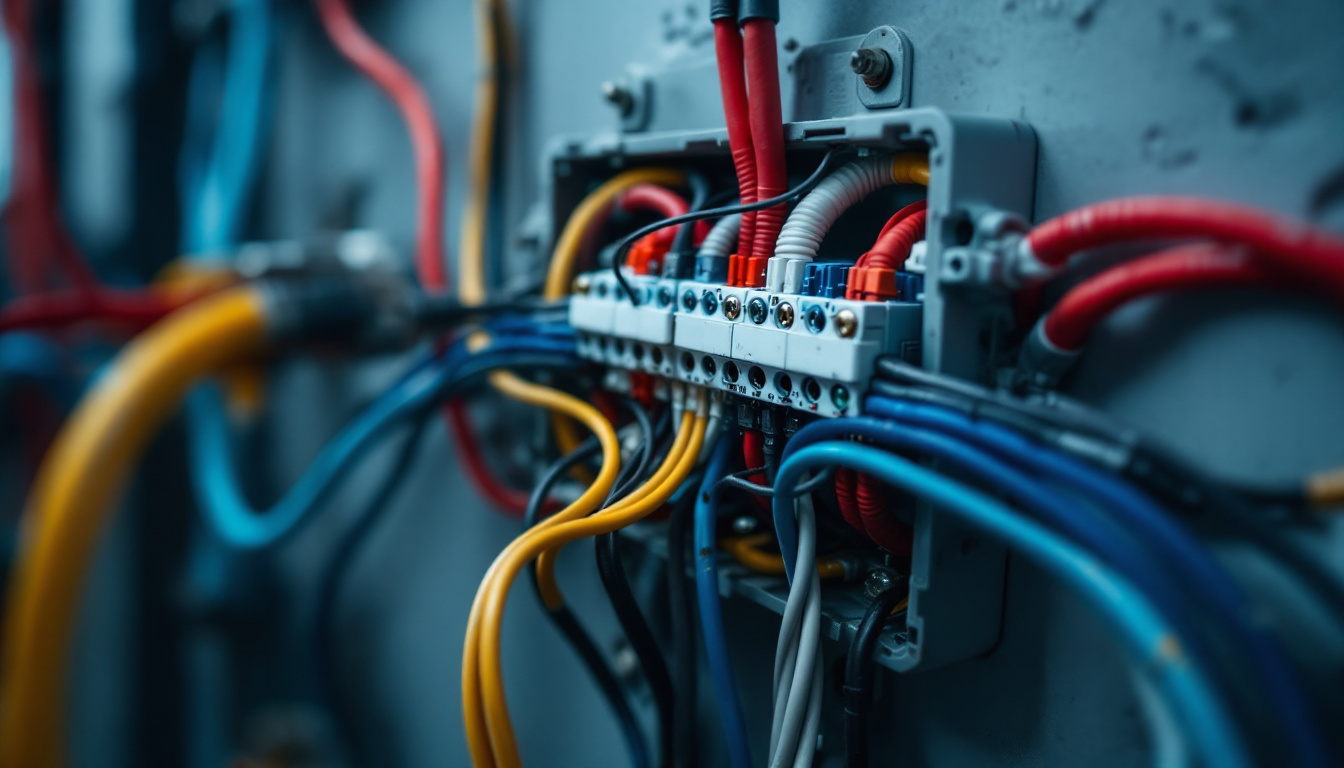 A photograph of a close-up shot of a junction box with its cover removed