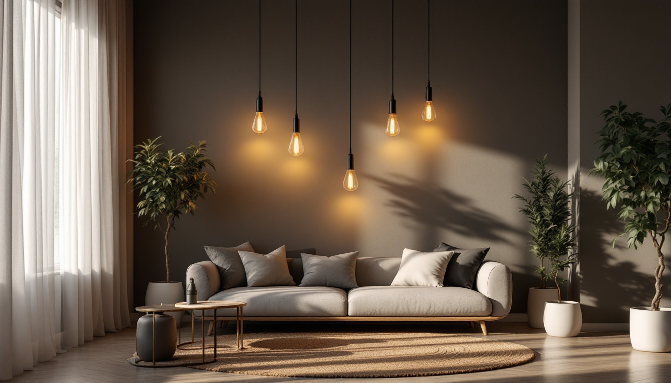 A photograph of a beautifully decorated living room featuring stylish hanging lights that illuminate the space
