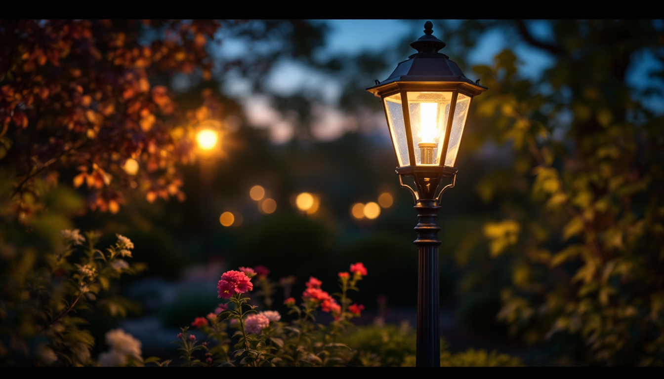 A photograph of a beautifully illuminated outdoor lamp post in a serene garden setting at dusk
