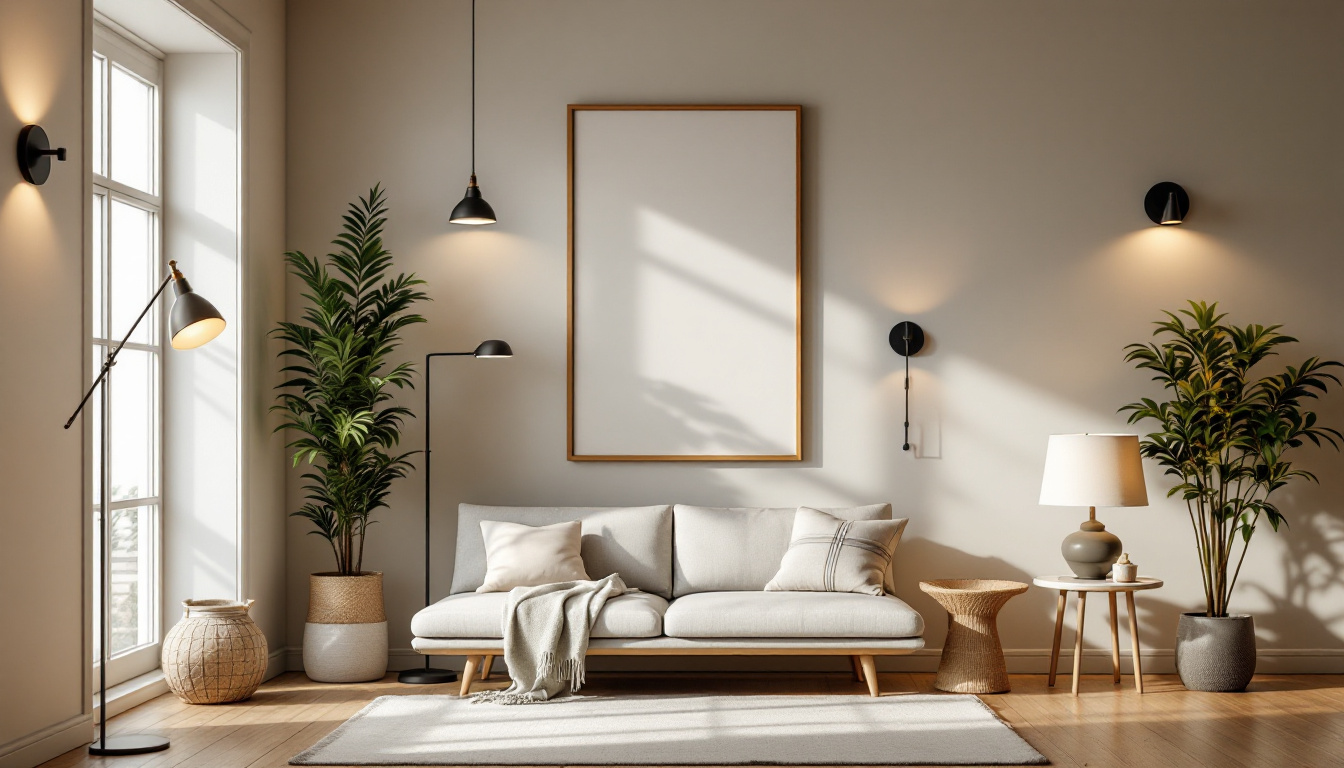 A photograph of a well-lit room showcasing various types of lighting fixtures—such as pendant lights