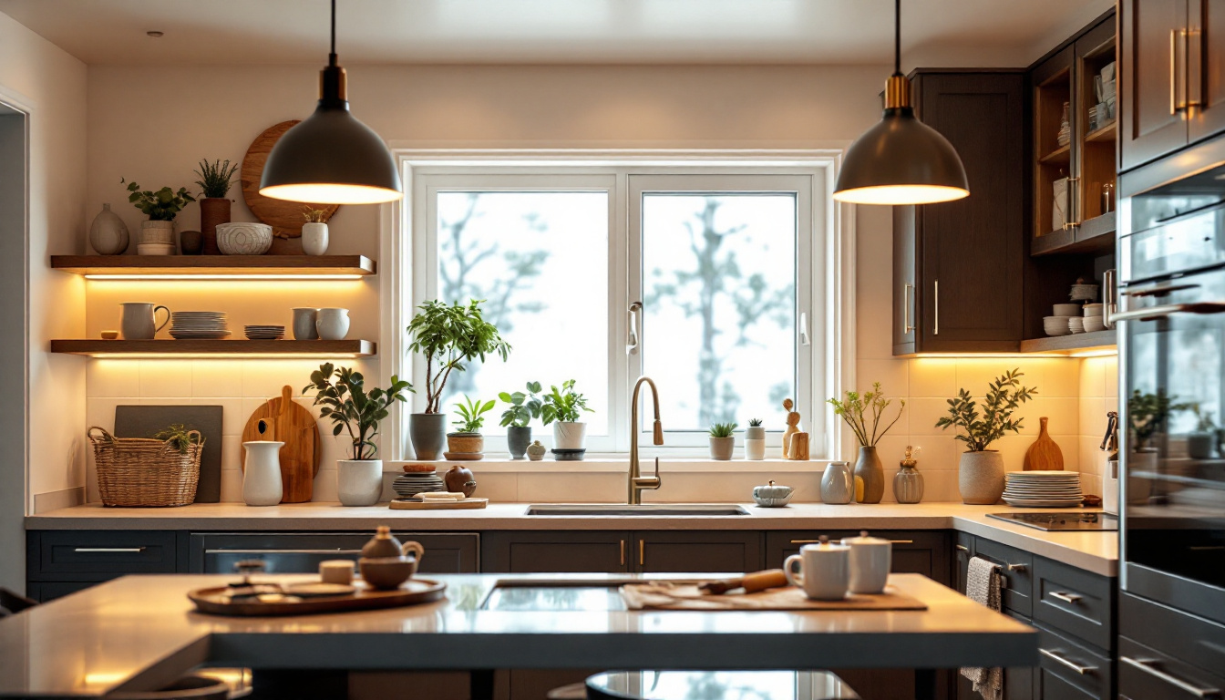 A photograph of a beautifully designed kitchen featuring modern ceiling lights that illuminate the space