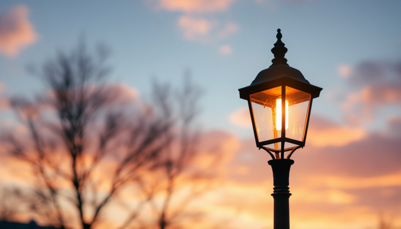 A photograph of a beautifully lit lamp post in a serene urban setting during the golden hour
