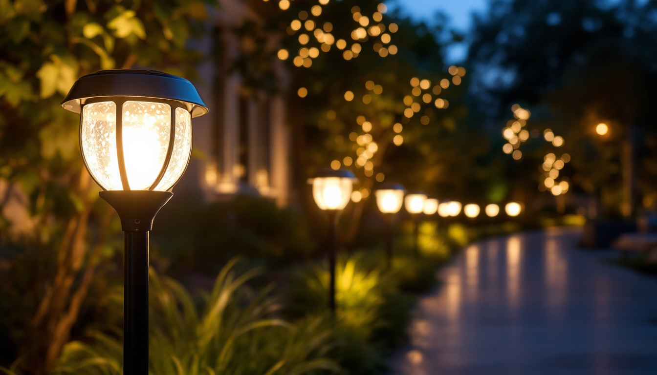 A photograph of a beautifully illuminated outdoor space featuring solar led lights in various settings