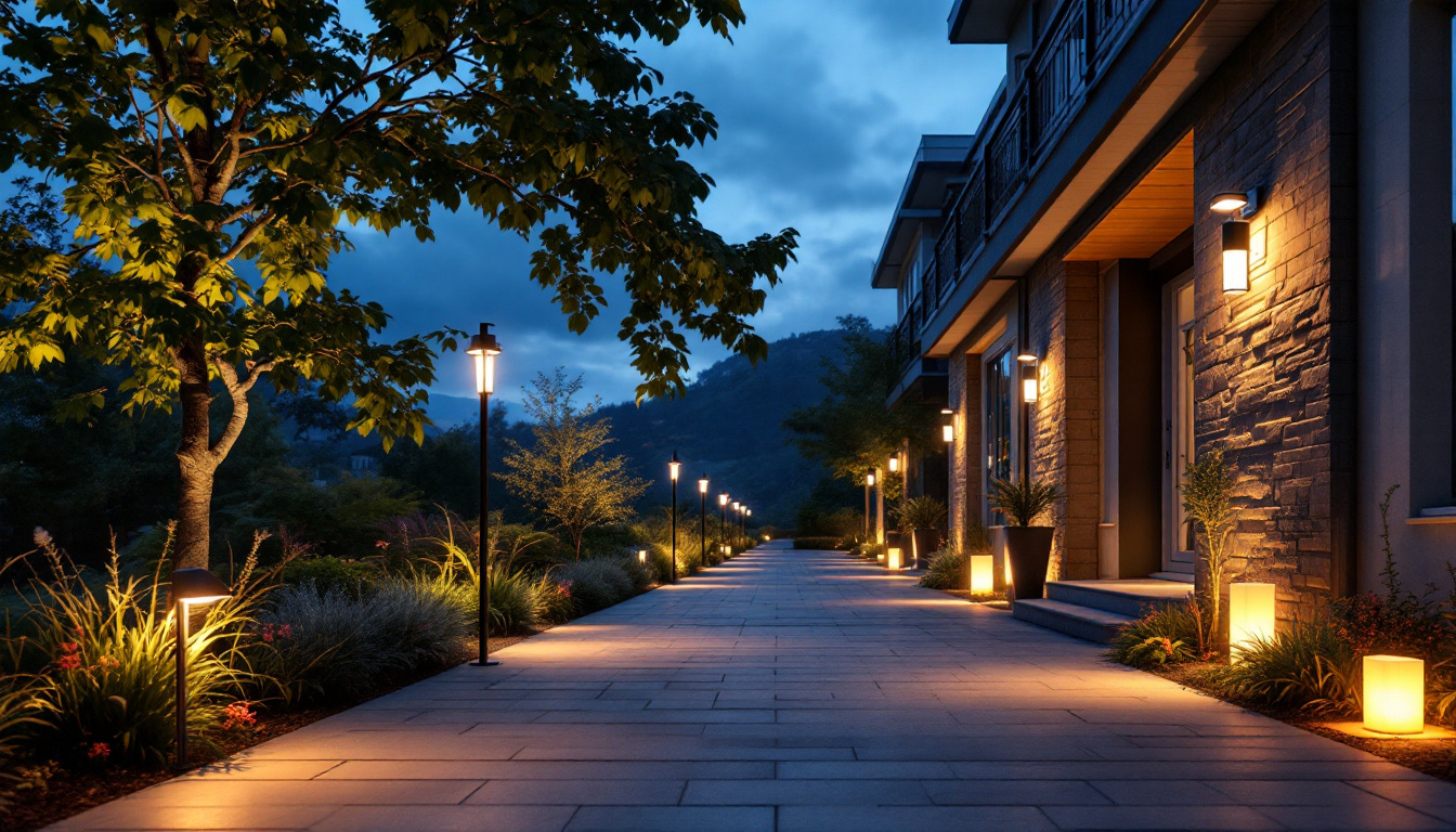 A photograph of a beautifully illuminated outdoor space featuring various sensor-activated lights in action