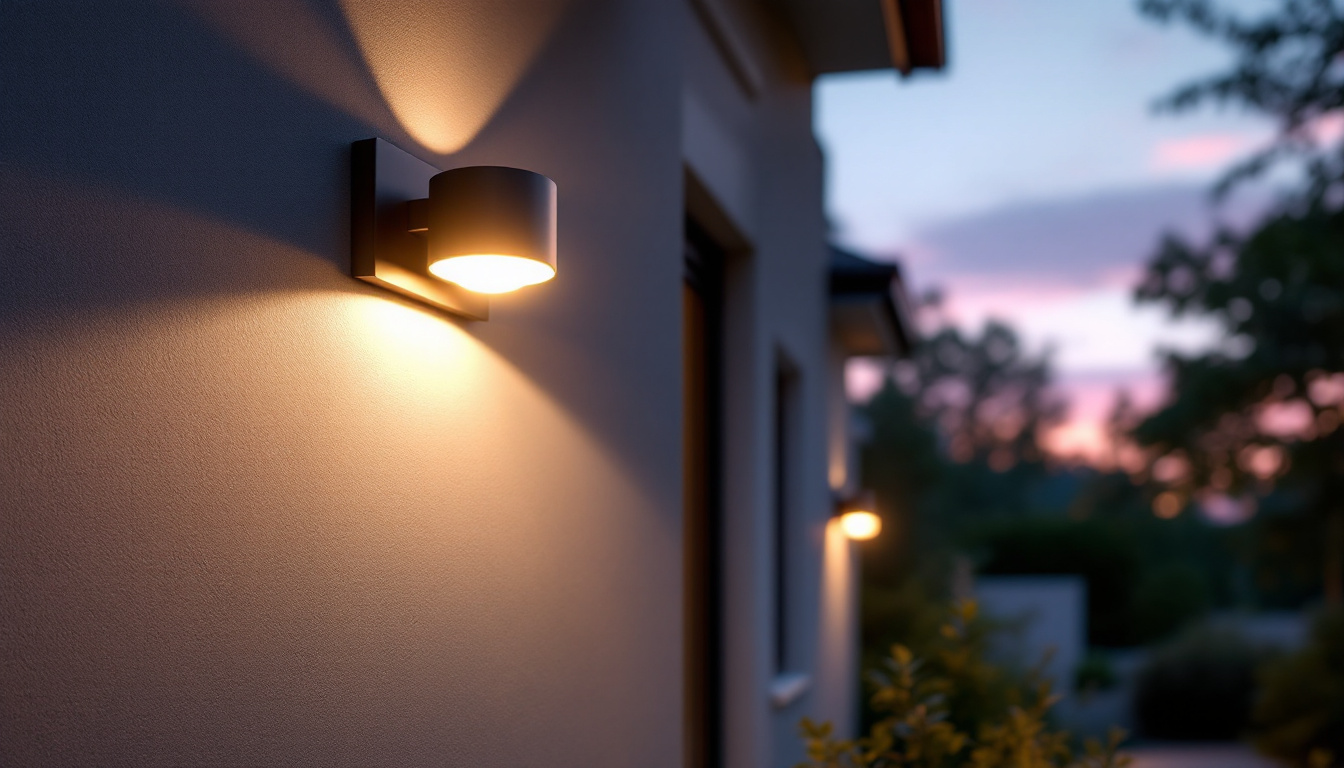 A photograph of capture a photograph of an elegant outdoor flush mount light installed in a beautifully landscaped setting during twilight