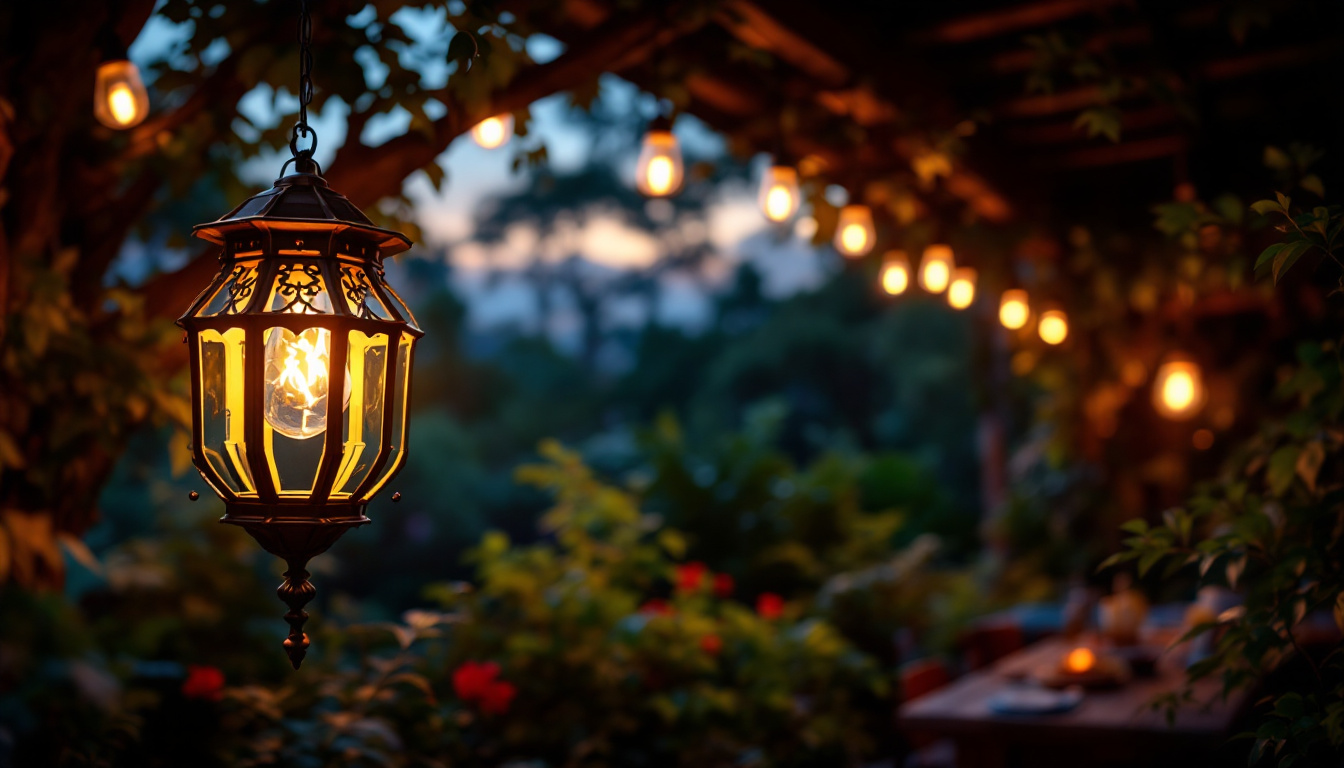 A photograph of a beautifully designed outdoor hanging lamp illuminated at dusk