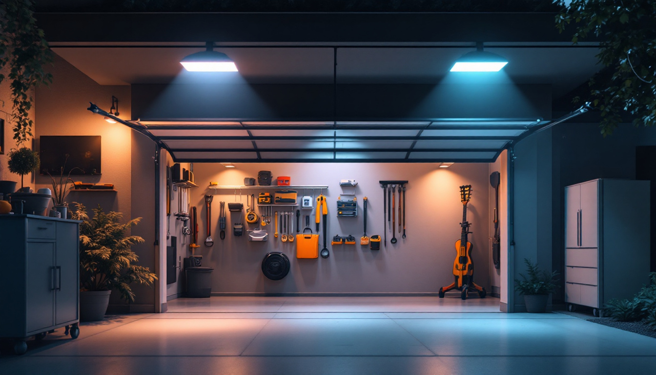 A photograph of a well-lit residential garage showcasing modern led garage lights illuminating the space