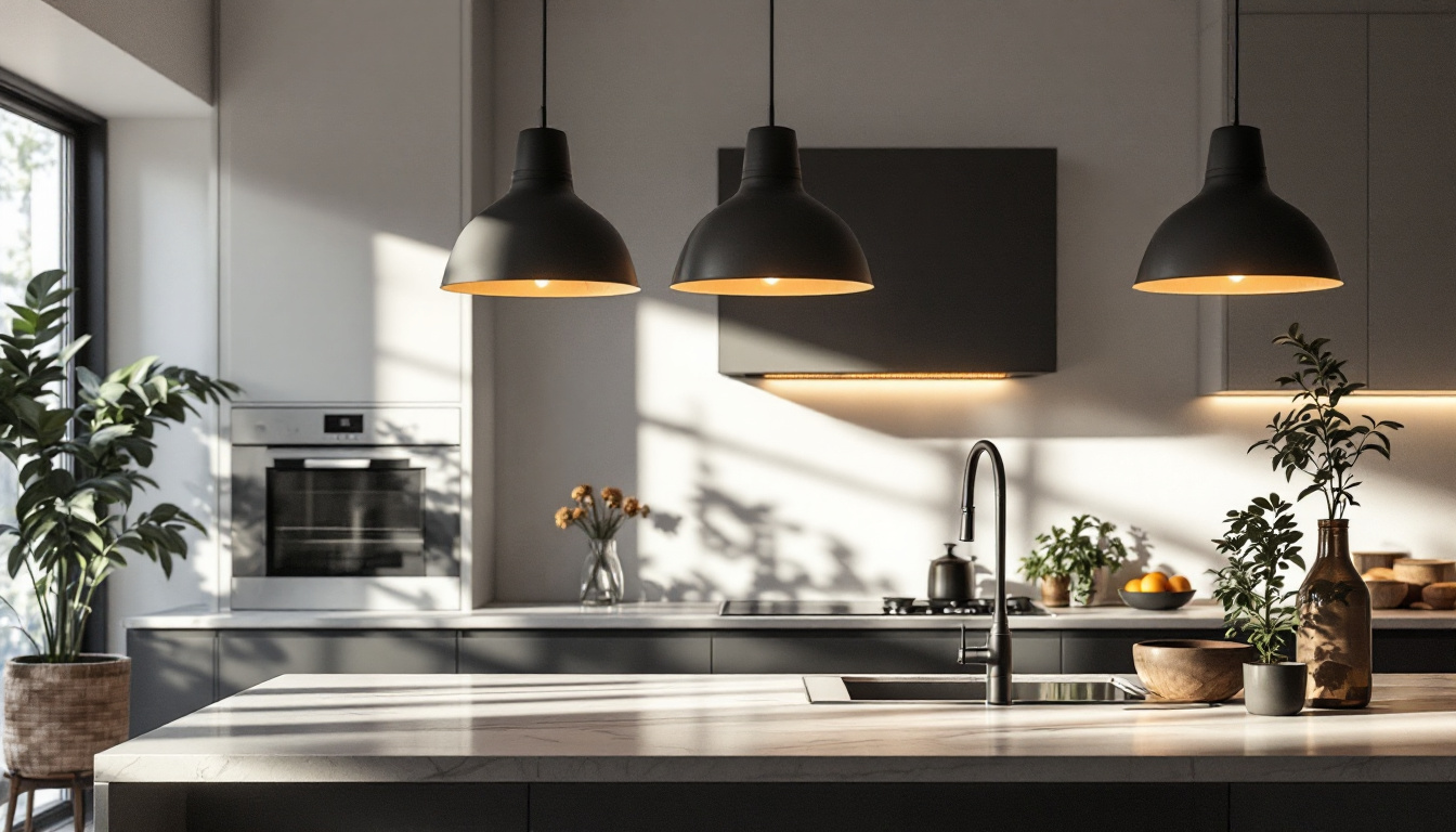 A photograph of capture a photograph of a beautifully designed kitchen island illuminated by stylish pendant lights