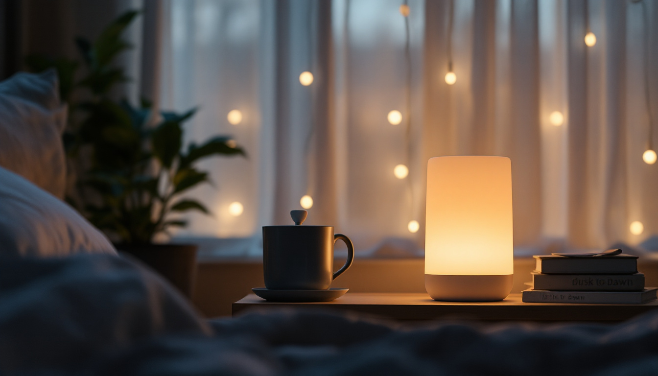 A photograph of a cozy bedroom setting illuminated by a dusk to dawn lamp