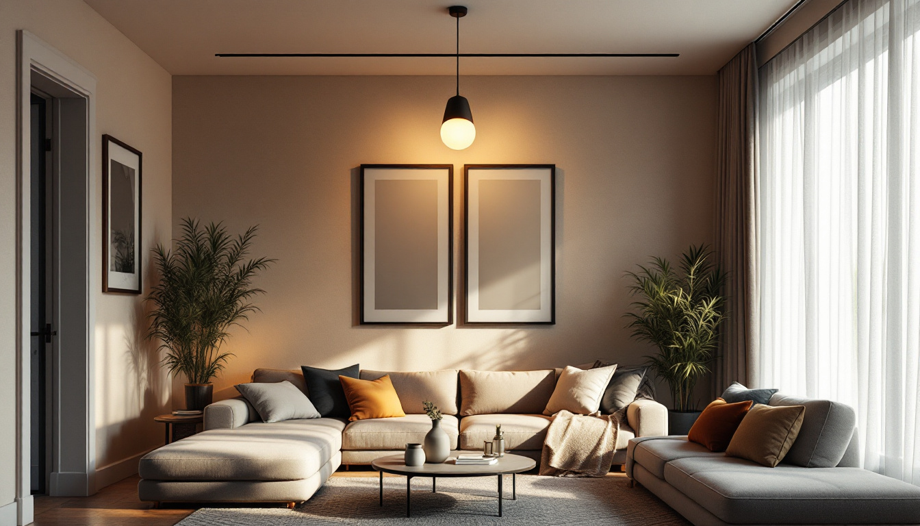 A photograph of a beautifully designed living room featuring a stylish ceiling lamp that highlights the space's ambiance