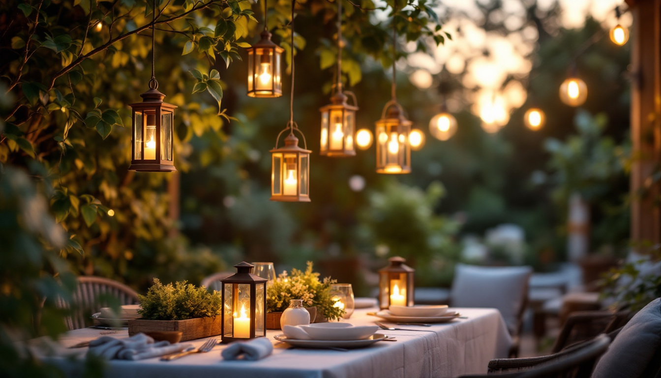 A photograph of a beautifully arranged outdoor setting featuring various styles of hanging lanterns illuminated at dusk