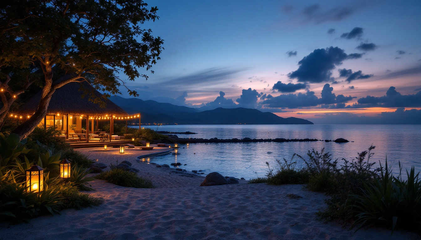 A photograph of a serene island landscape at dusk