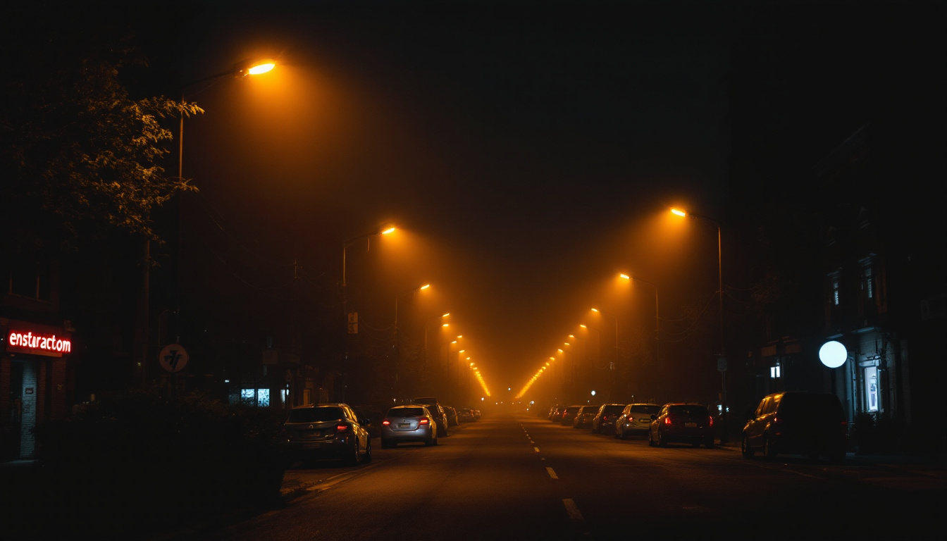 A photograph of a nighttime urban scene illuminated by sodium streetlights