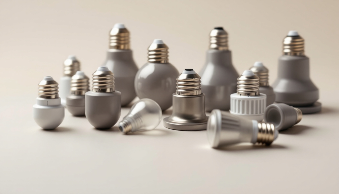 A photograph of a close-up of various standard bulb bases