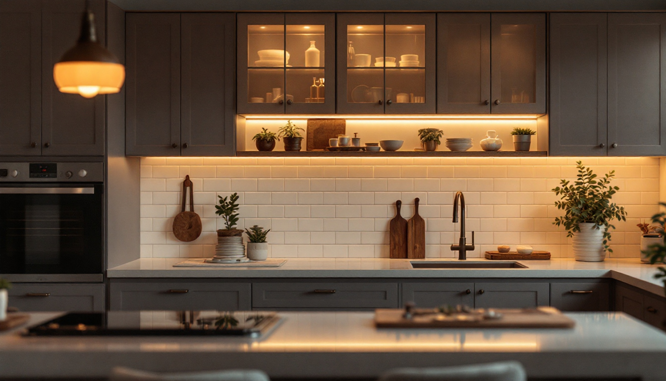 A photograph of a beautifully designed kitchen featuring warm