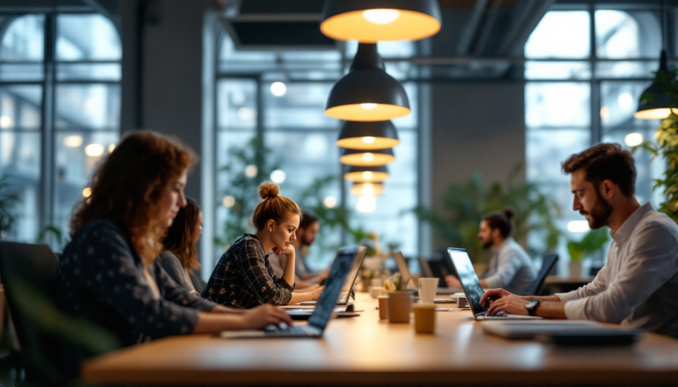 A photograph of a well-lit modern office space showcasing stylish ceiling lamps