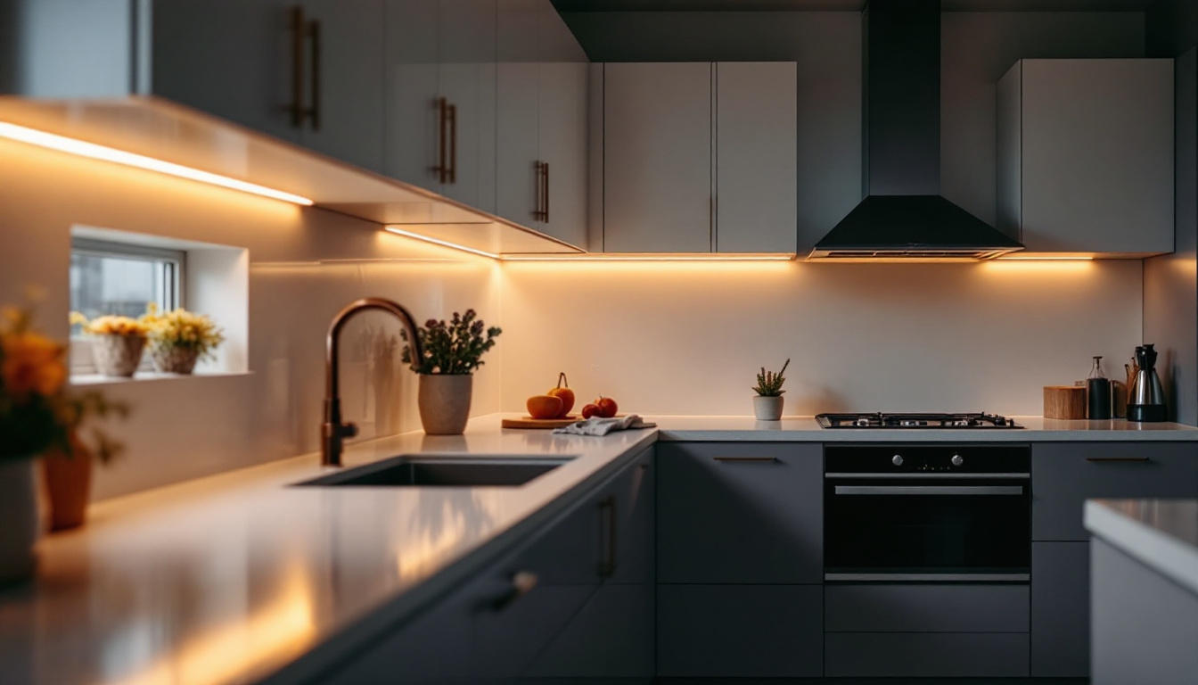 A photograph of a modern kitchen featuring under-cabinet lighting that highlights the countertop workspace