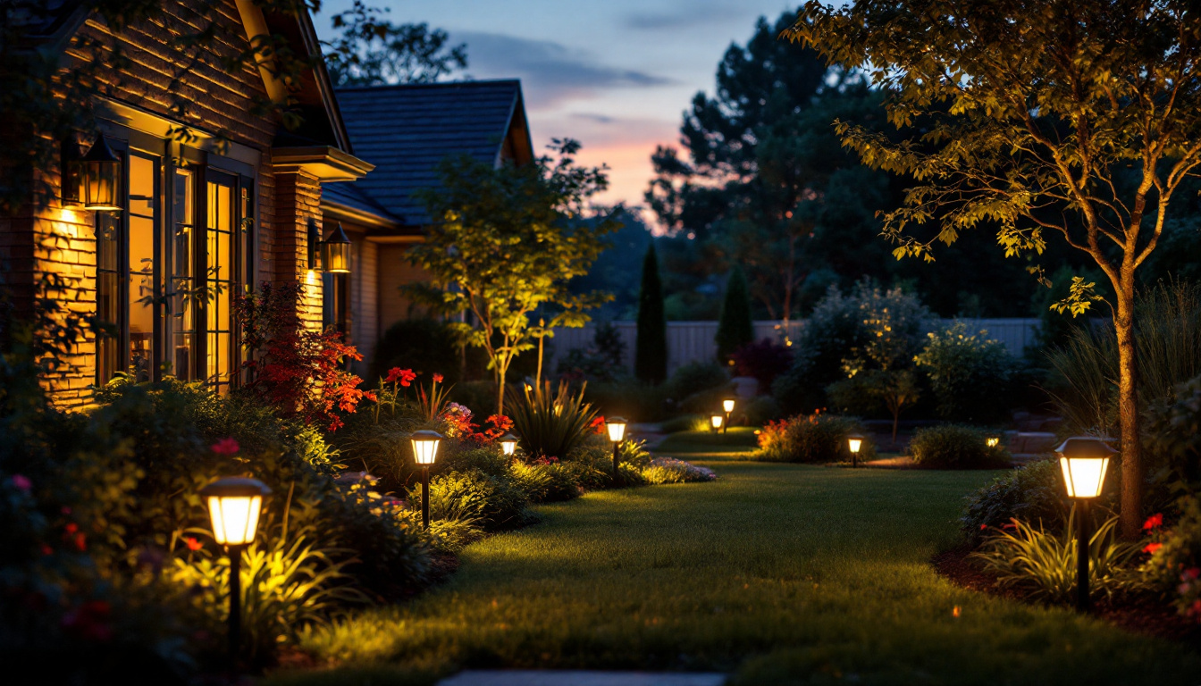 A photograph of a beautifully landscaped yard illuminated by various styles of outdoor solar lights during twilight