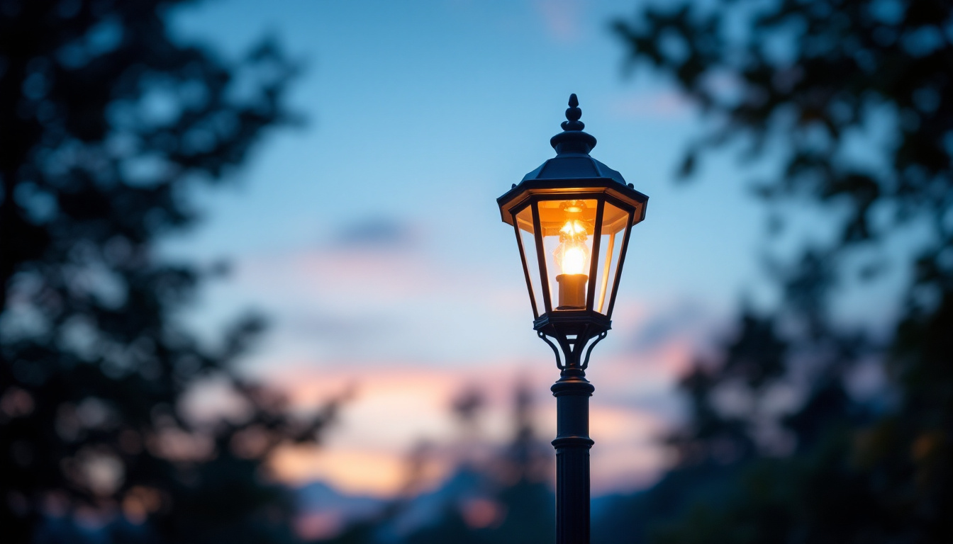 A photograph of capture a photograph of a beautifully illuminated yard lamp post at dusk