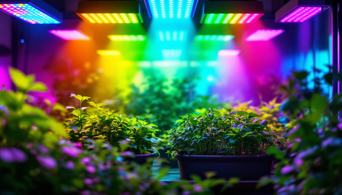 A photograph of a vibrant indoor garden illuminated by various types of led grow lights