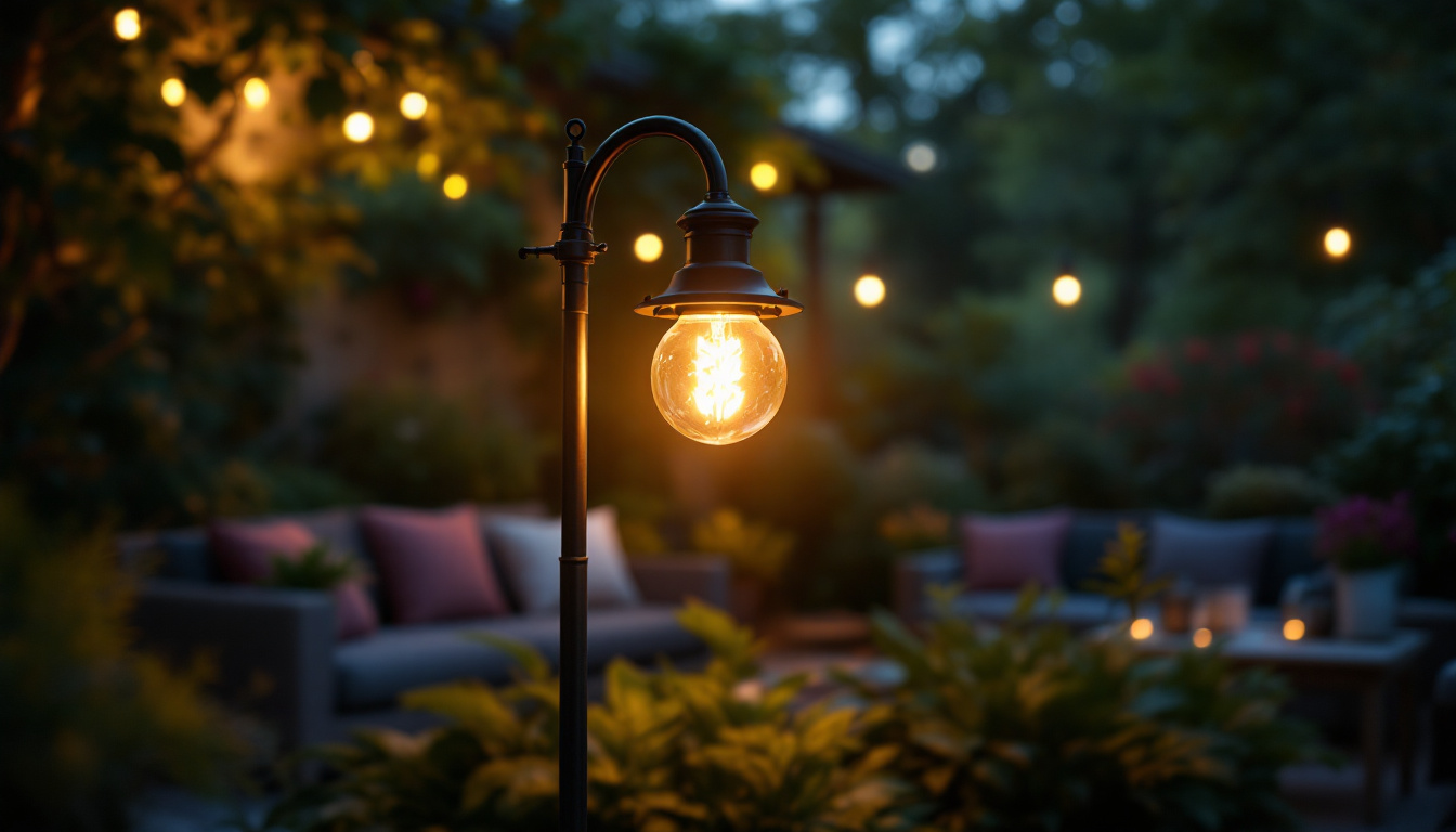 A photograph of a beautifully illuminated yard lamp casting warm light over a cozy outdoor setting
