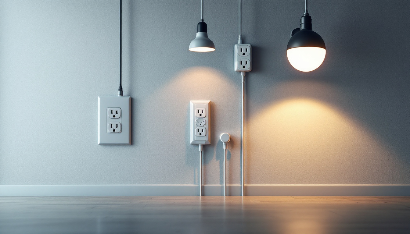 A photograph of a well-lit interior space featuring various types of electrical outlets and light fixtures