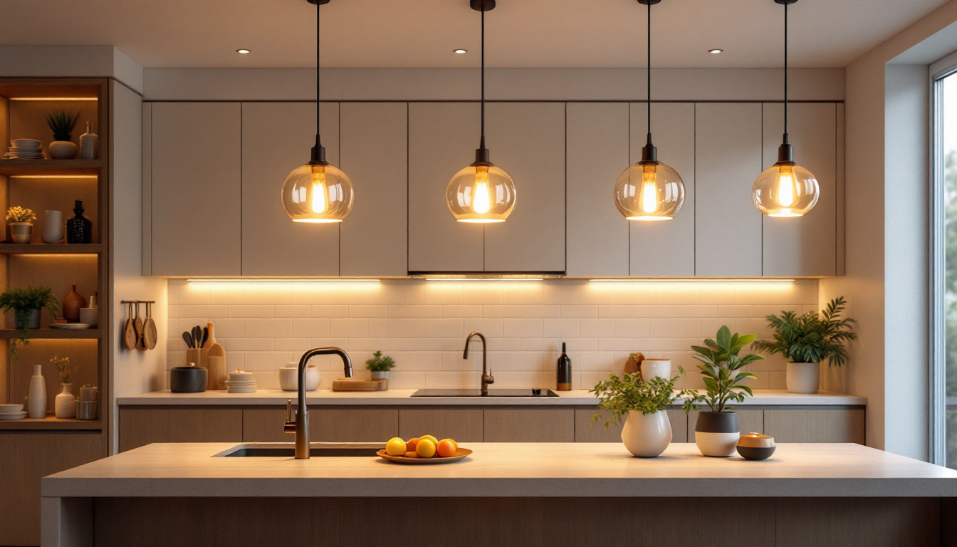 A photograph of a beautifully designed kitchen featuring a variety of stylish ceiling light fixtures