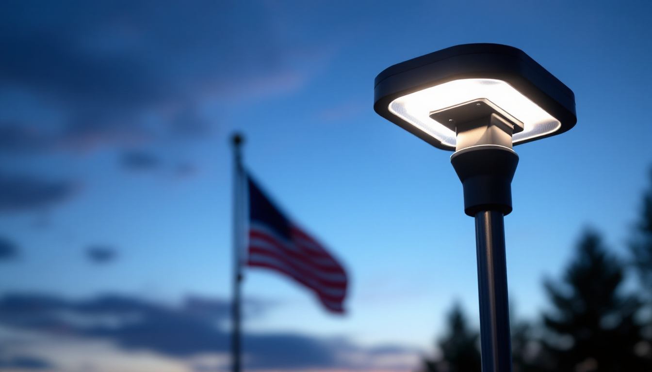A photograph of a solar flagpole light illuminated at dusk