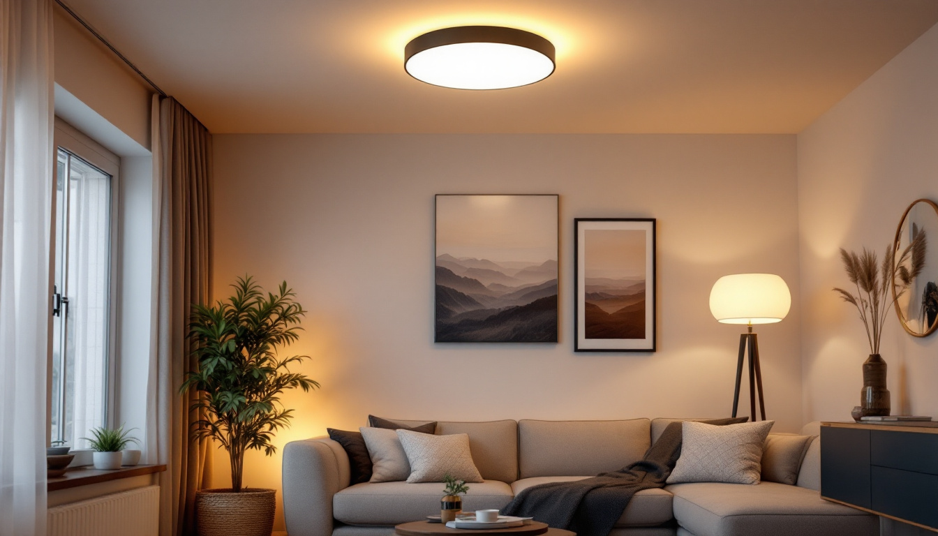 A photograph of a stylish flushmount ceiling light installed in a well-decorated living space