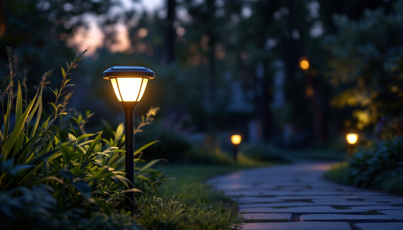 A photograph of a beautifully illuminated solar landscape light in a serene outdoor setting at dusk