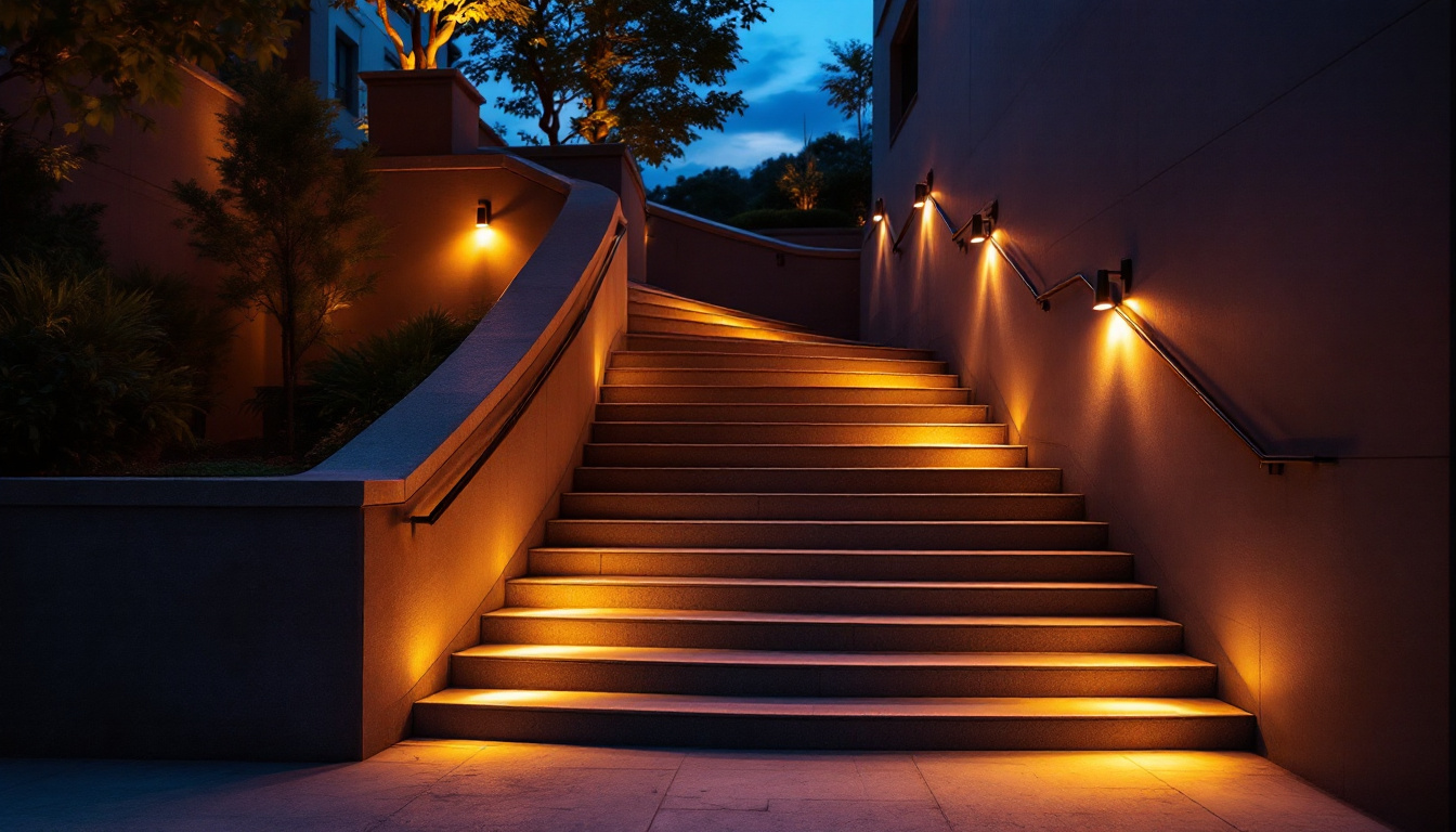 A photograph of a beautifully illuminated staircase at dusk