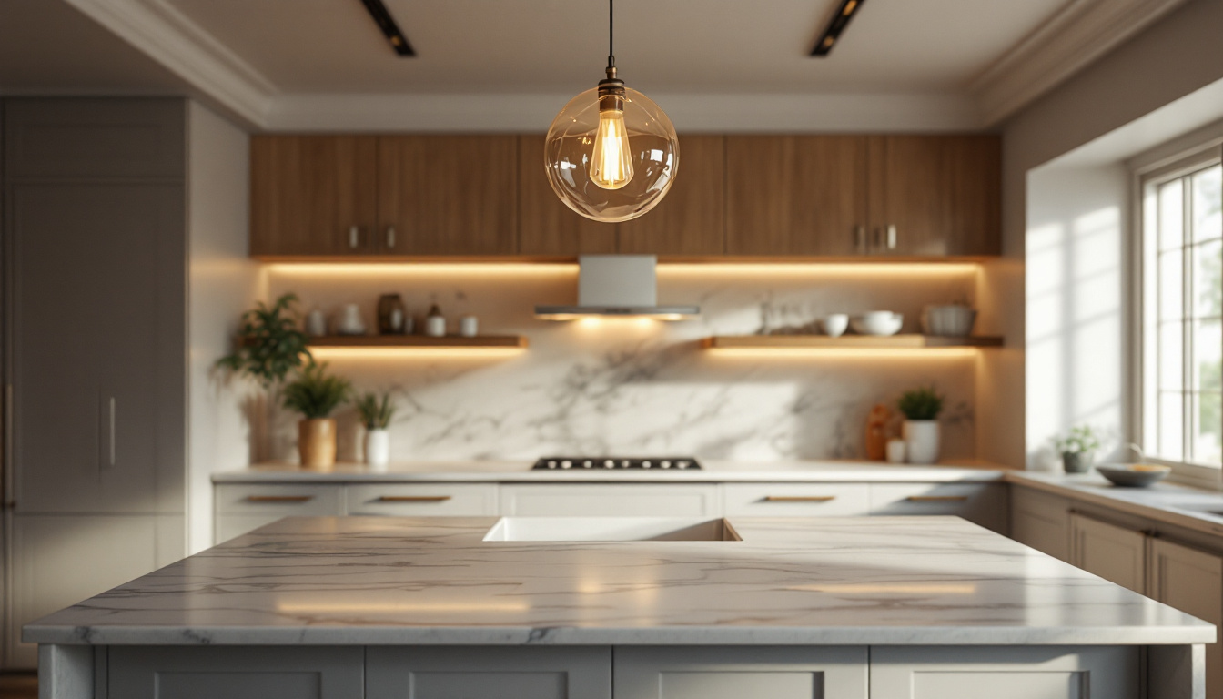 A photograph of a beautifully designed kitchen island featuring an elegant pendant light hanging above it