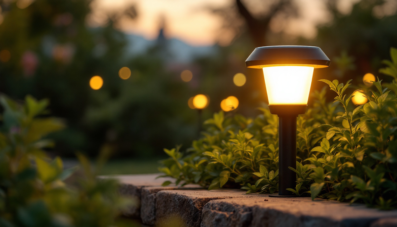 A photograph of capture a photograph of a solar-powered light illuminated in a serene outdoor setting during dusk