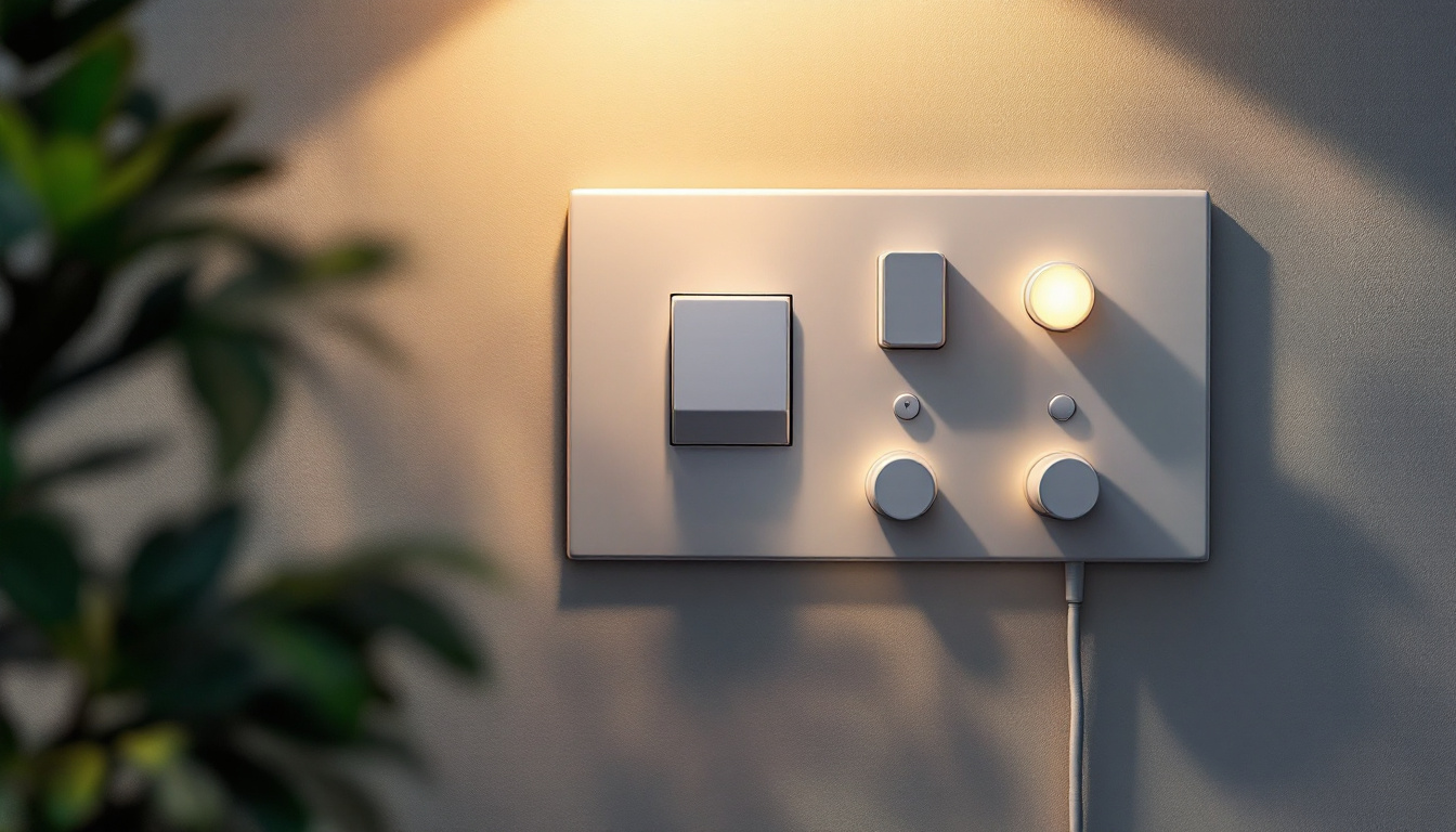 A photograph of a modern light switchboard with various types of light switches and dimmers