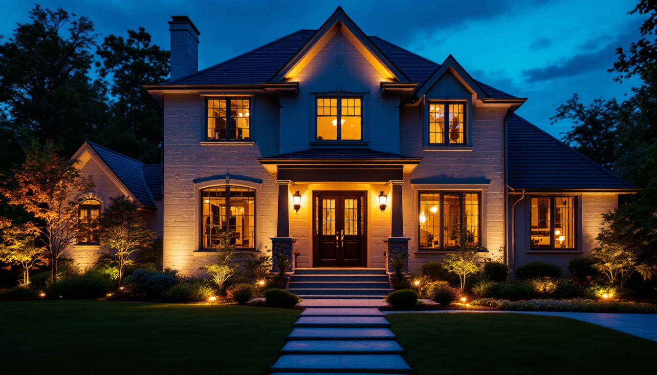 A photograph of a beautifully illuminated exterior of a house at dusk