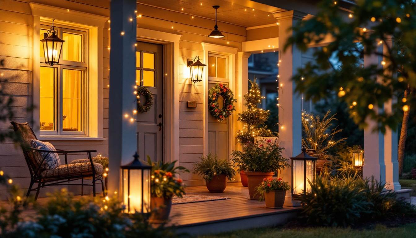 A photograph of a beautifully illuminated outdoor porch featuring stylish porch lights