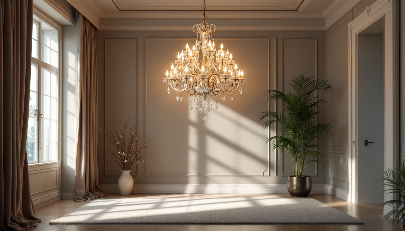 A photograph of a beautifully styled room featuring an elegant chandelier as the focal point