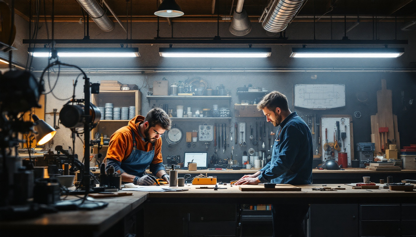 A photograph of a well-lit workshop or garage setting showcasing 4-foot led shop lights in action