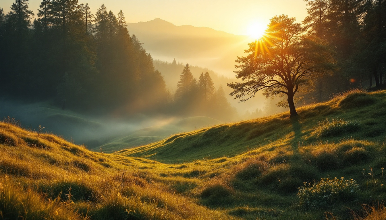 A photograph of a serene landscape during the golden hour